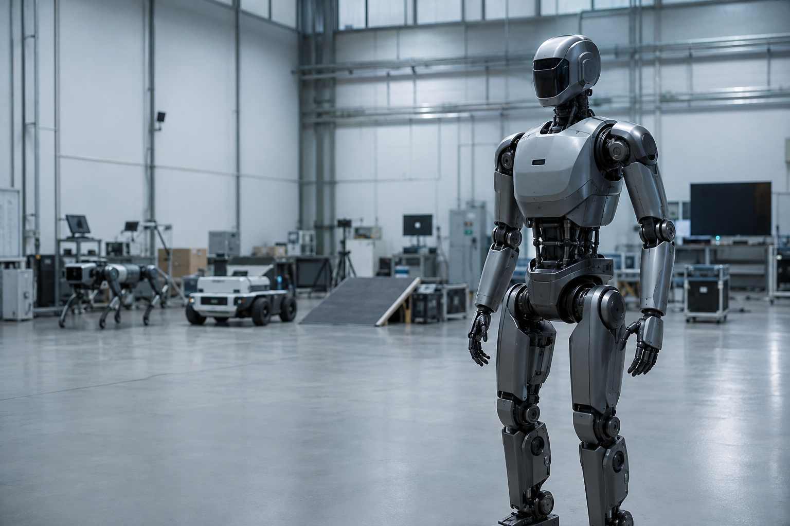 Illustration d’un robot humanoïde non armé dans un centre d’essais technique