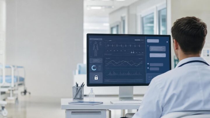 Médecin consultant un dossier médical électronique avec un assistant IA