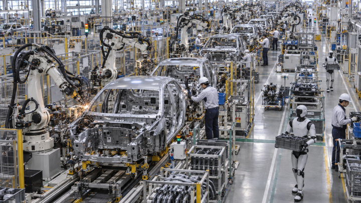 Illustration de robots industriels et humanoïdes travaillant avec des opérateurs dans une usine automobile