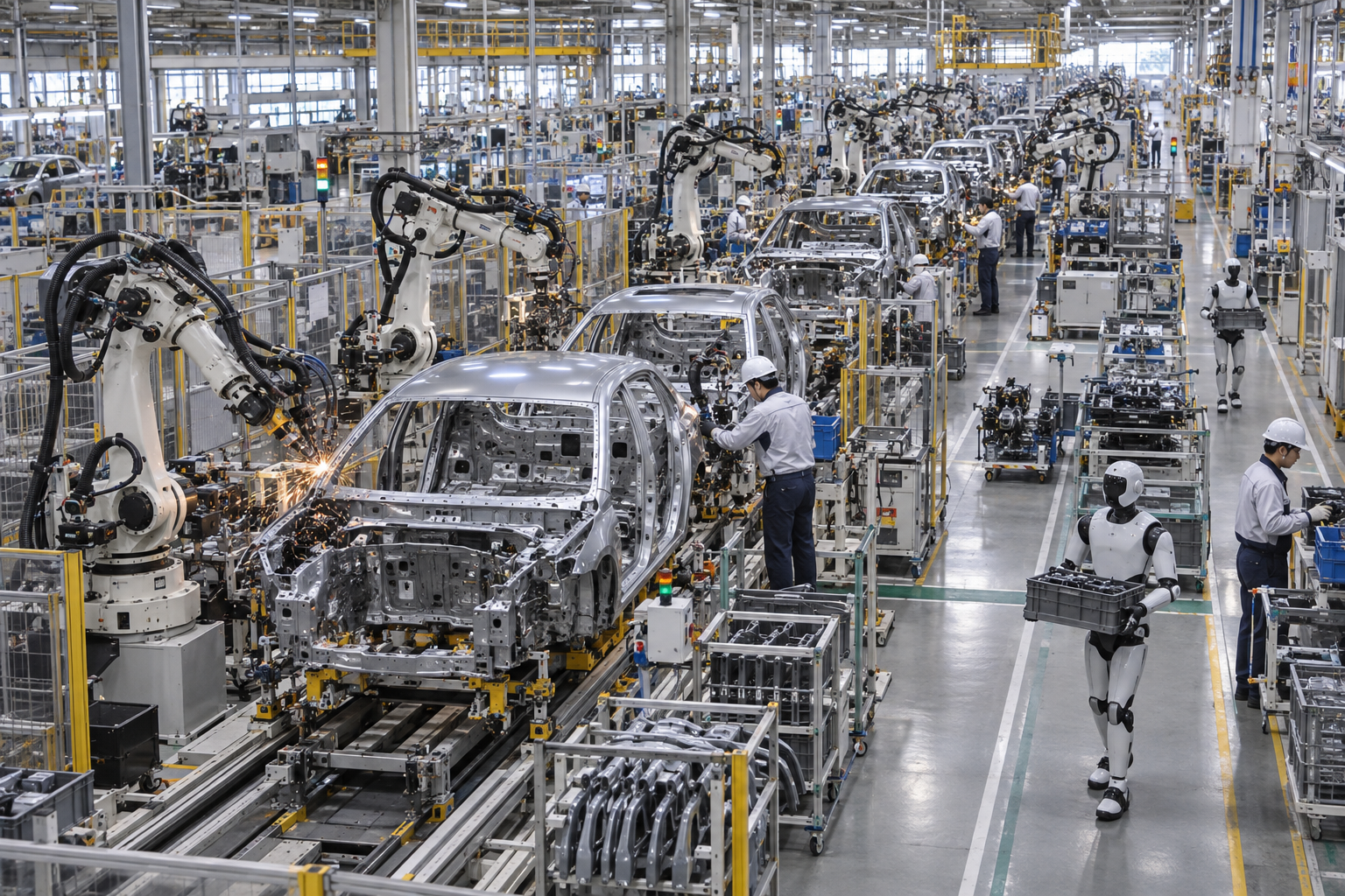 Illustration de robots industriels et humanoïdes travaillant avec des opérateurs dans une usine automobile