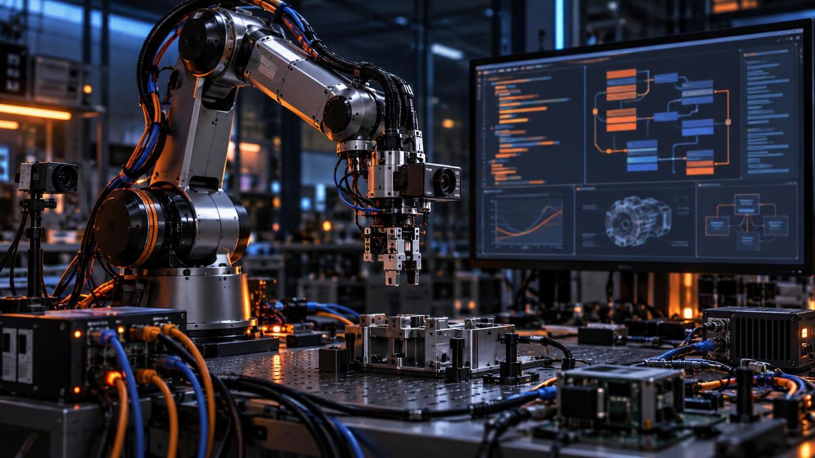 Bras robotique industriel devant une interface de développement Rust et ROS 2