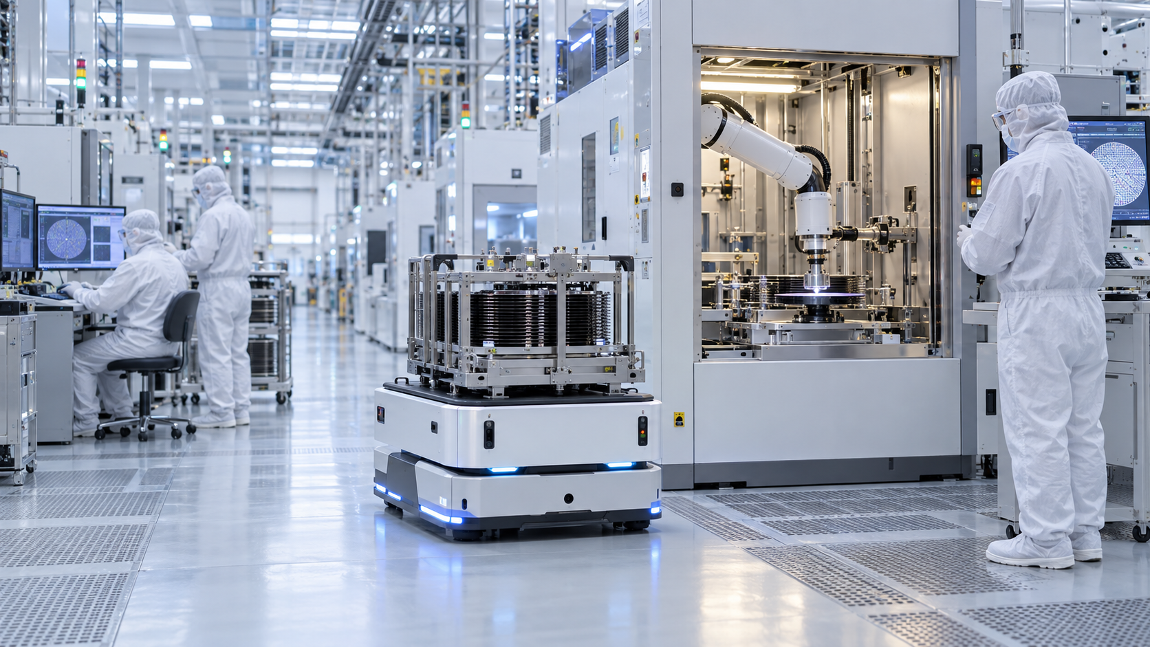 Robot mobile de maintenance et bras d’inspection dans une usine de semi-conducteurs