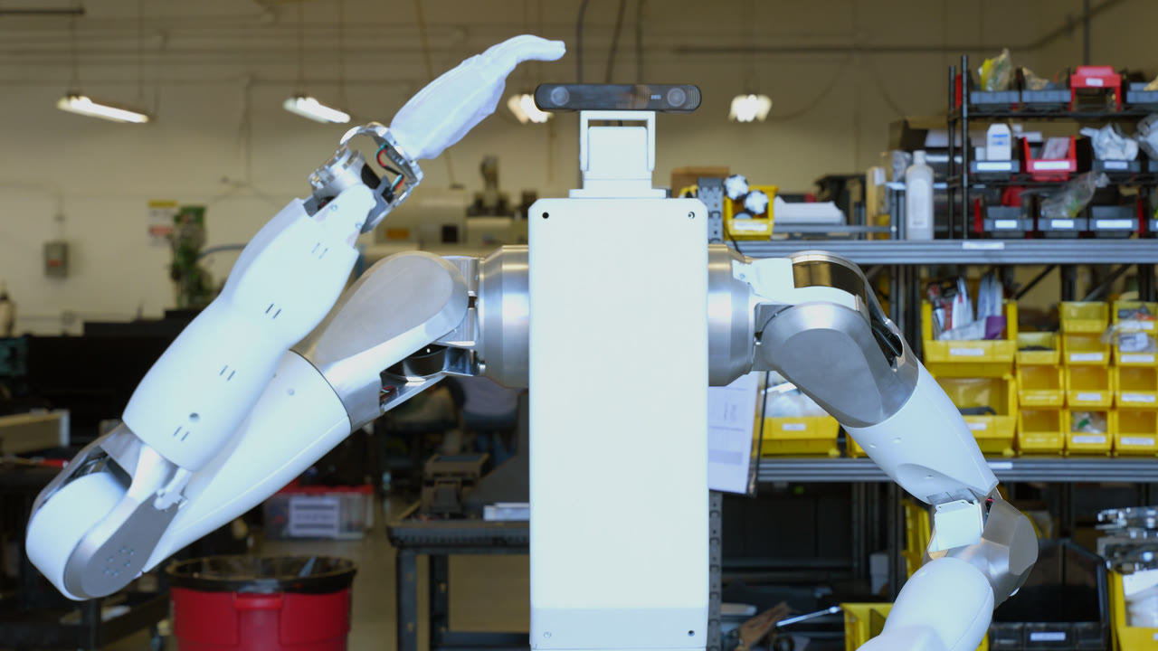 Robot mobile à deux bras Feather dans un atelier
