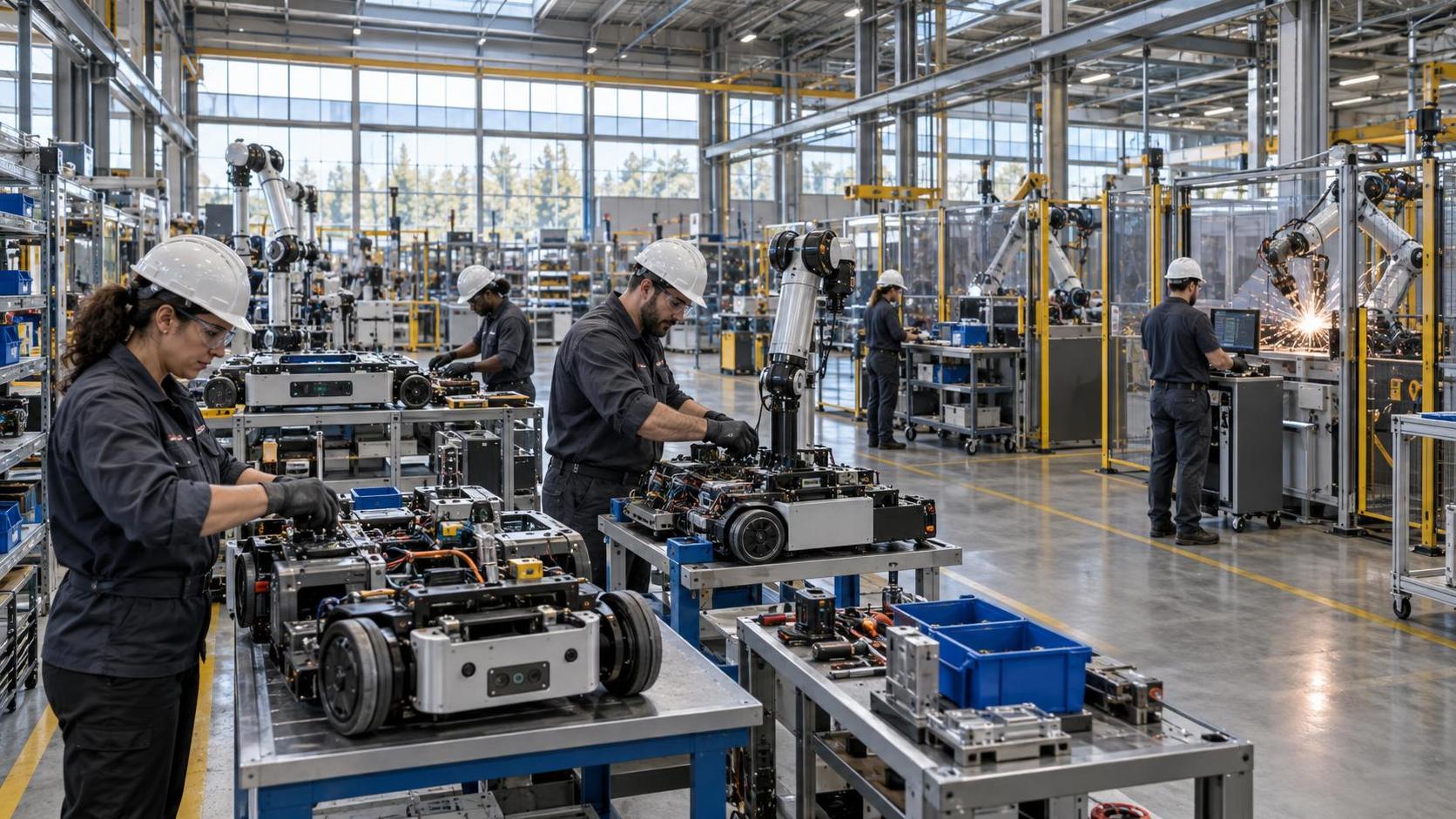 Illustration d’une usine de fabrication de composants robotiques pour entrepôts