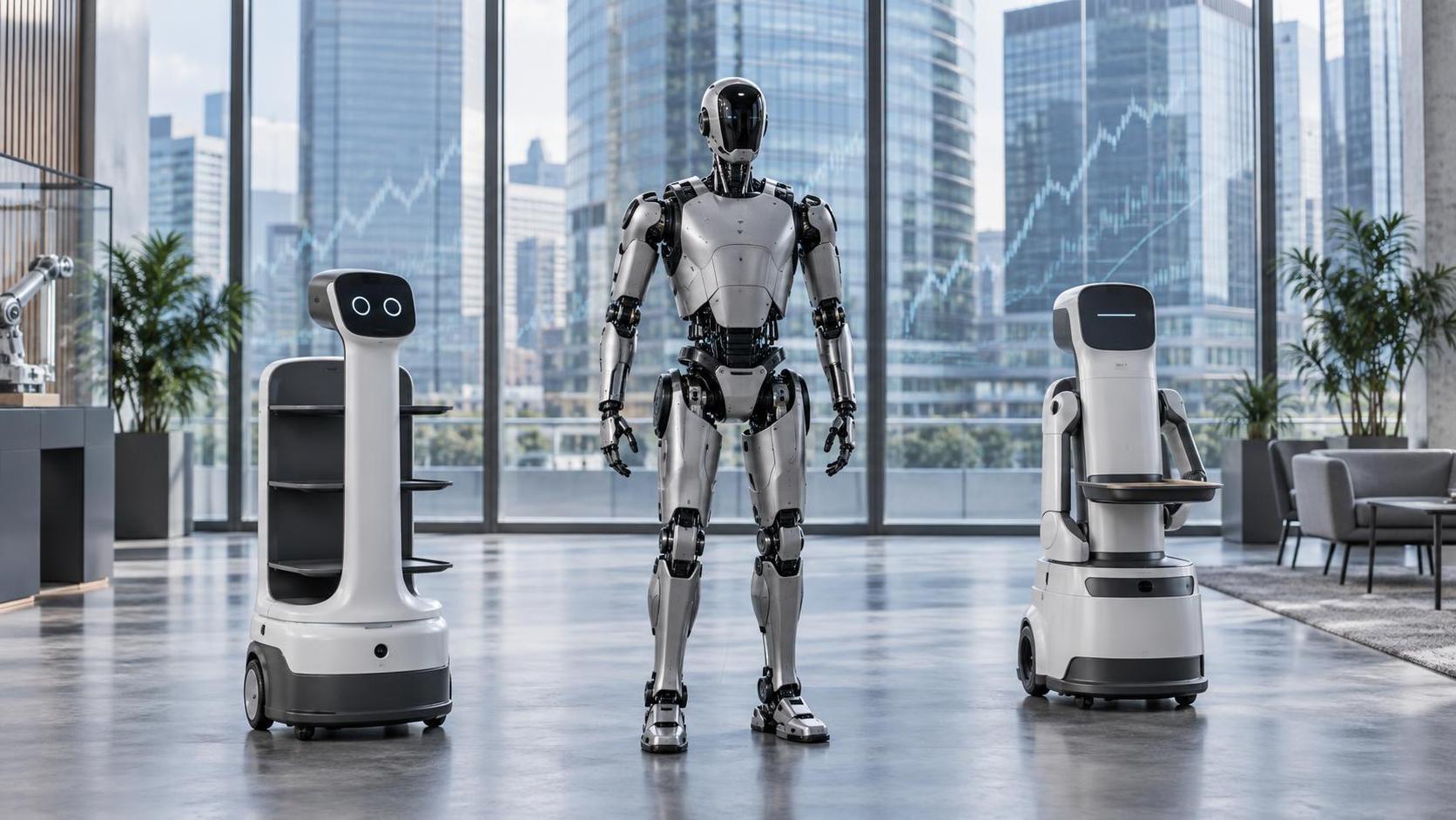 Robots de service et humanoïde devant une représentation abstraite d’un marché financier