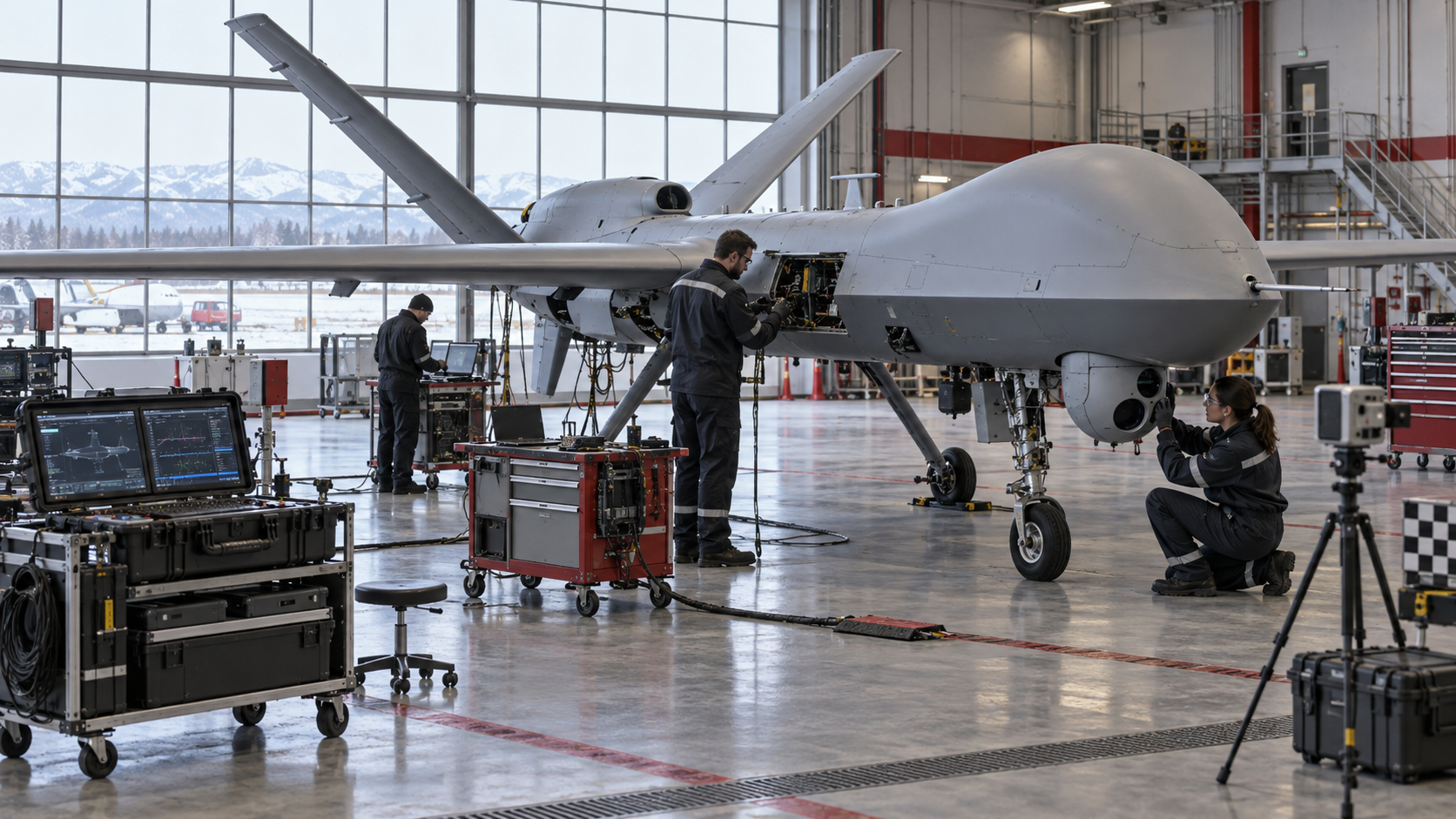 Drone professionnel inspecté dans un hangar canadien pour des essais de systèmes autonomes
