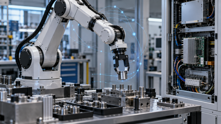 Illustration d’un bras robotique piloté par un calculateur embarqué et un logiciel de planification de mouvement
