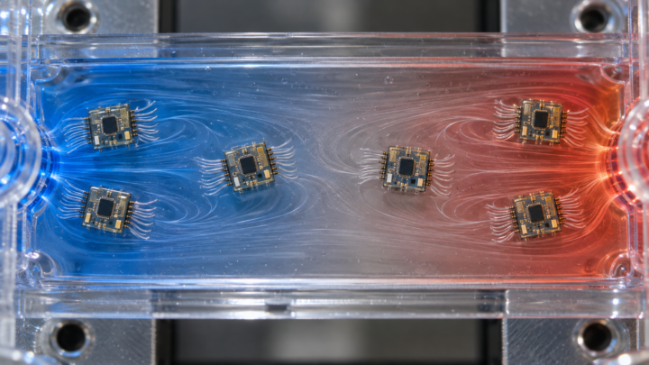 Illustration de microrobots à capteurs thermiques actionnant des cils artificiels dans un fluide