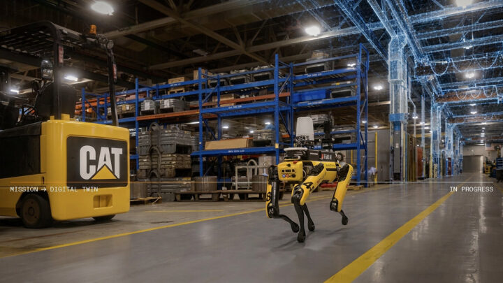 Robot d’inspection dans une usine Caterpillar modélisée par un jumeau numérique