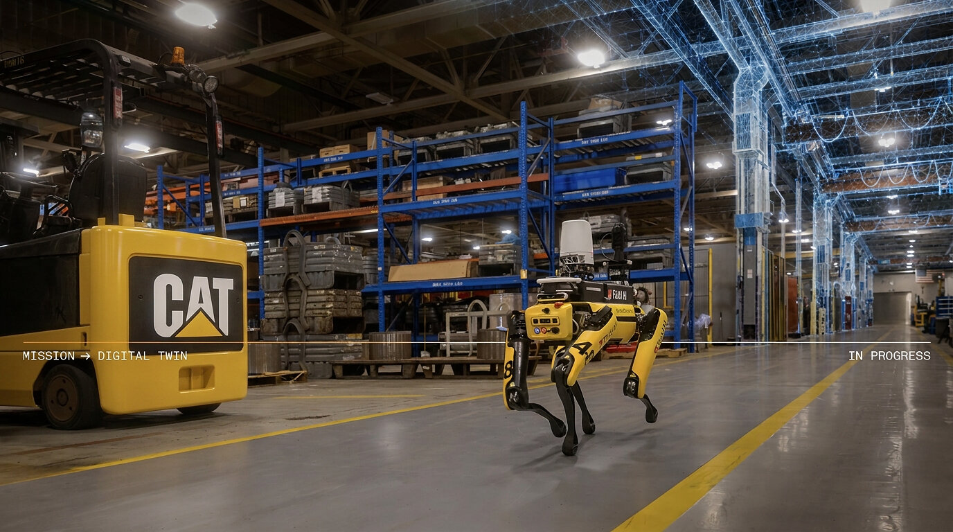Robot d’inspection dans une usine Caterpillar modélisée par un jumeau numérique
