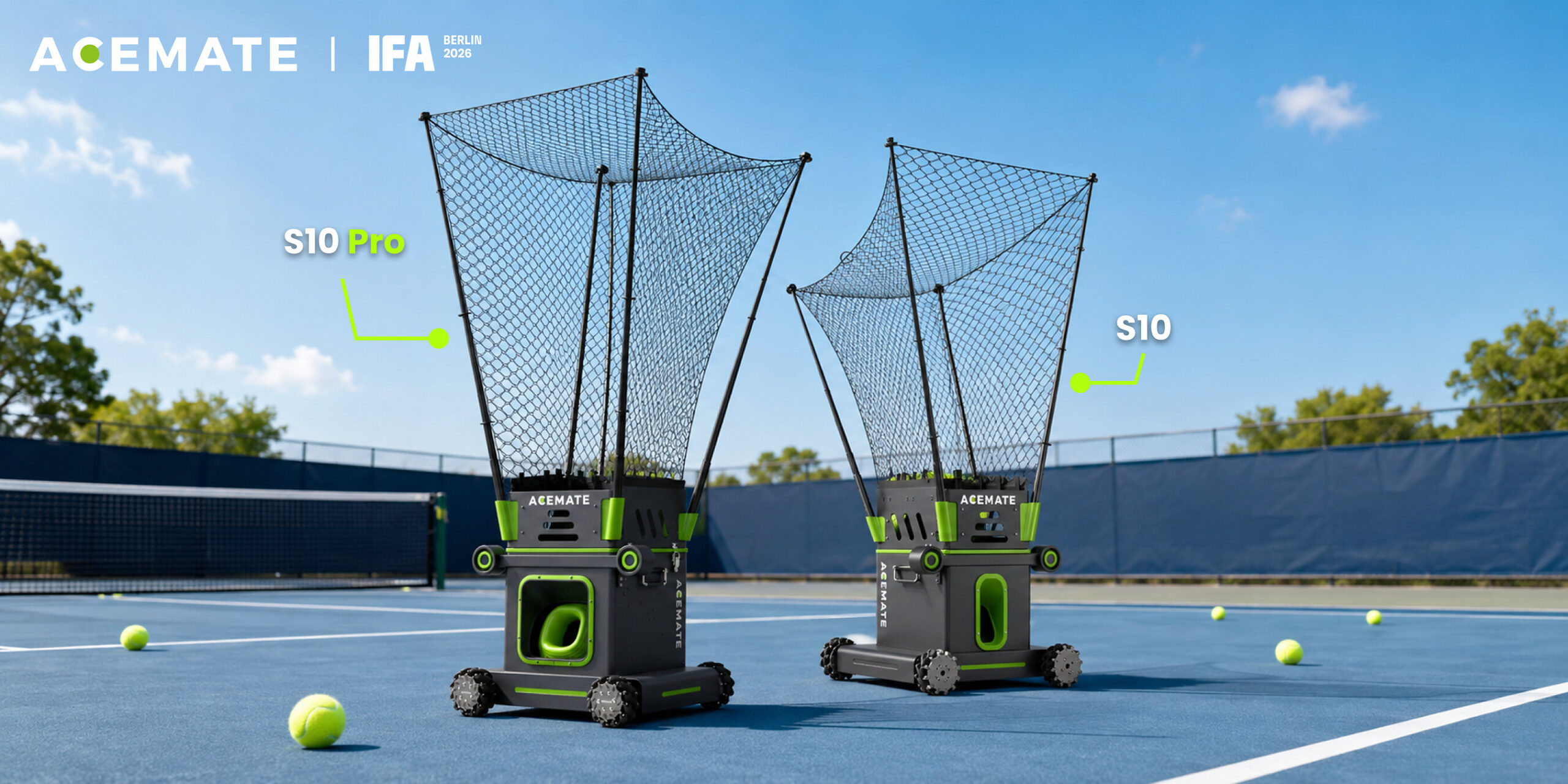 Robots de tennis ACEMATE S10 Pro et S10 présentés sur un court