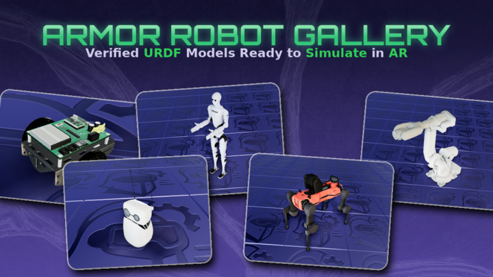 Cinq modèles de robots URDF présentés dans la galerie de simulation ARMOR