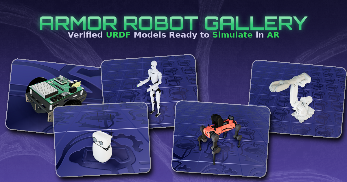 Cinq modèles de robots URDF présentés dans la galerie de simulation ARMOR