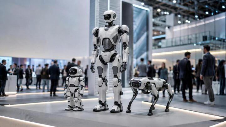 Illustration de robots humanoïdes et quadrupède présentés sur un salon technologique européen