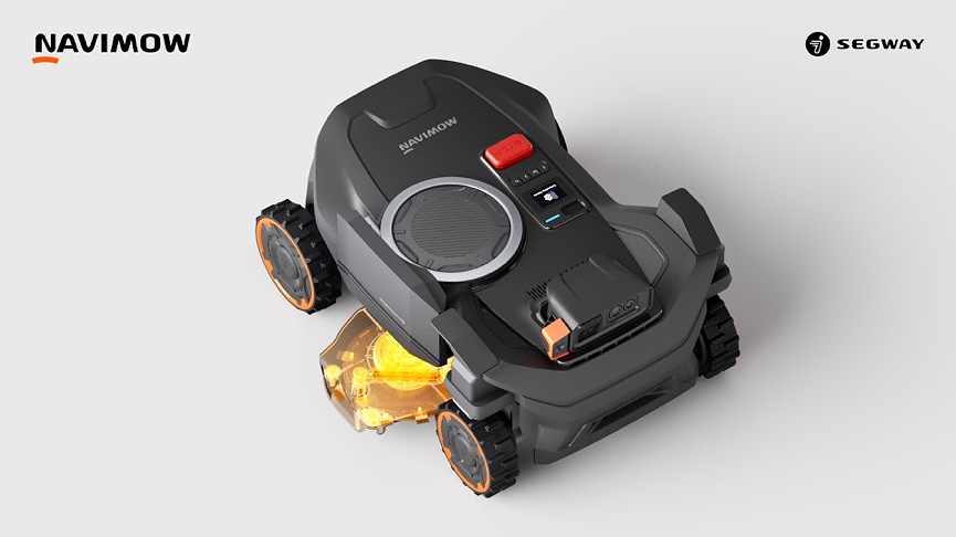 Robot tondeuse Navimow H5 Pro avec son disque de coupe latéral EdgeMaestro déployé
