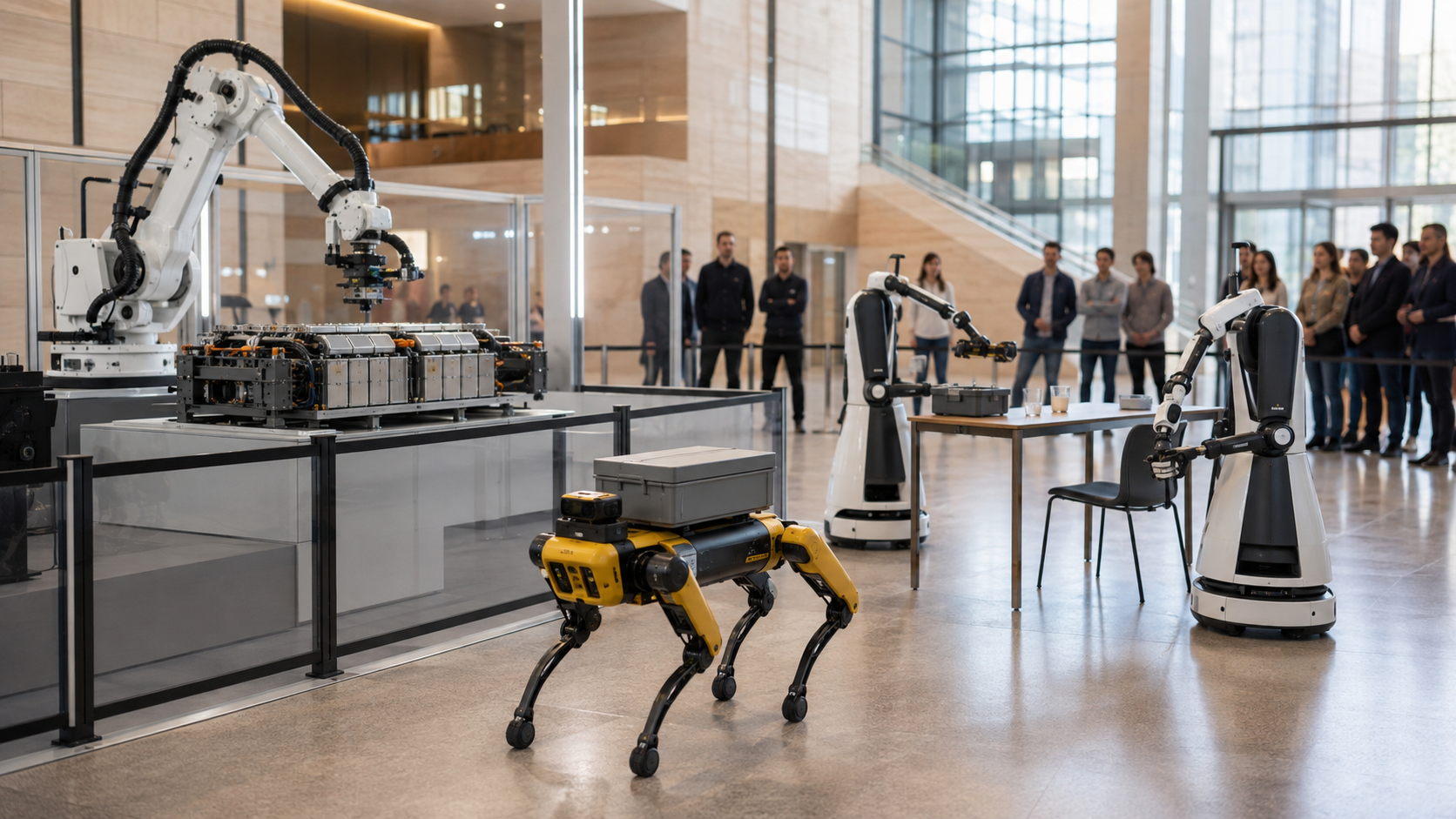 Illustration de robots européens réalisant des tâches de logistique et de recyclage