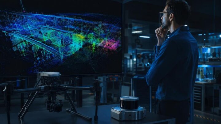 Ingénieur observant un nuage de points 3D issu d’un drone LiDAR