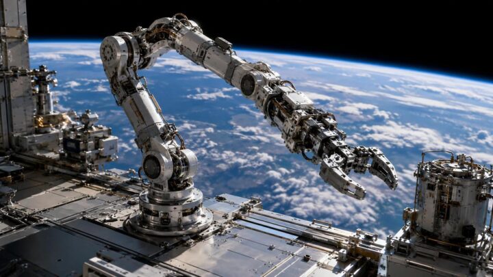 Bras robotique à sept axes sur une plateforme en orbite au-dessus de la Terre