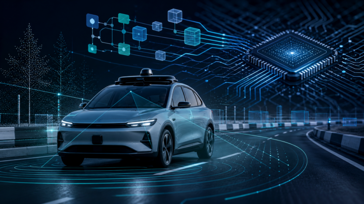 Voiture autonome et représentation d’une puce automobile reliée à ses capteurs