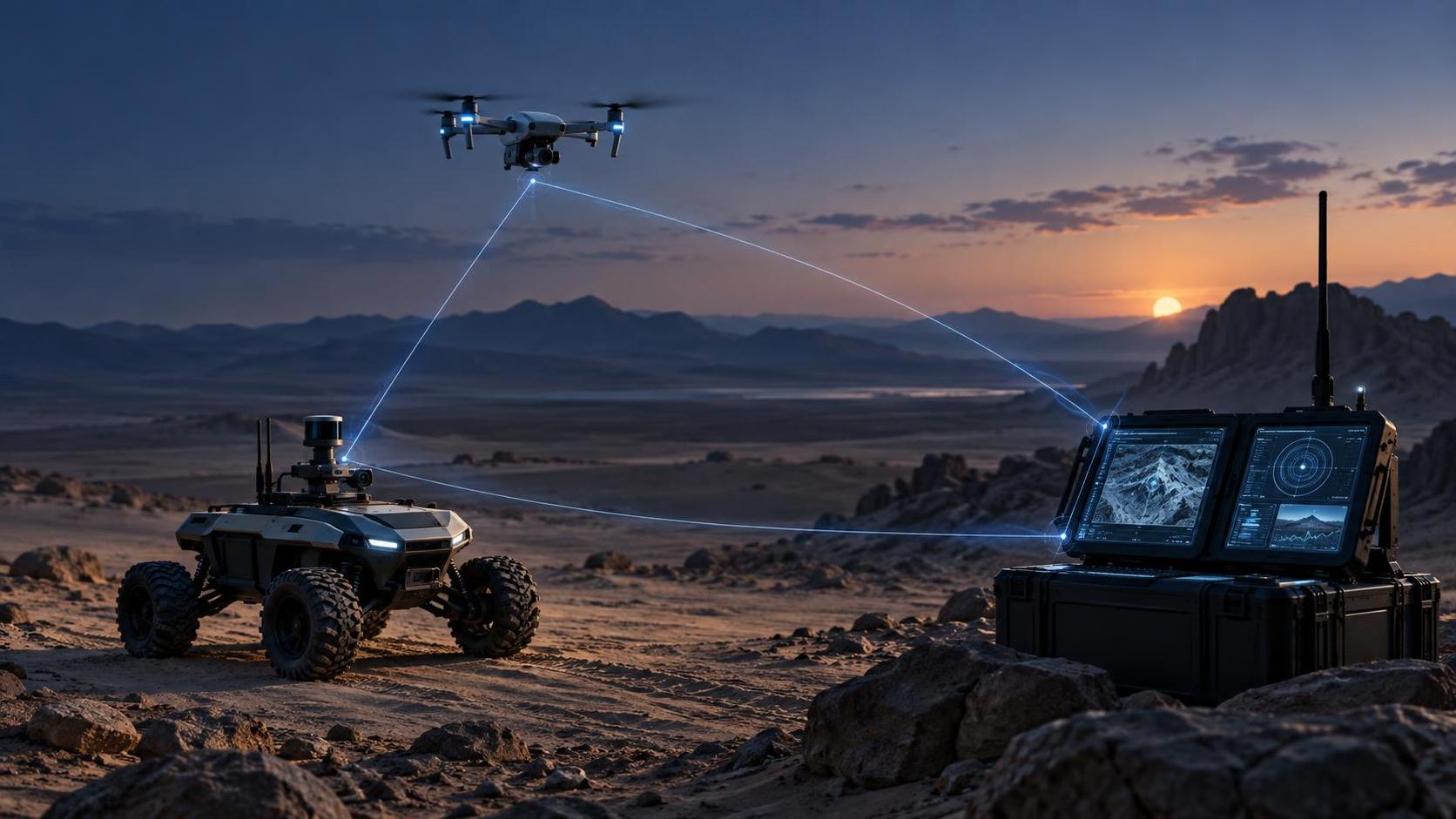 Illustration de drones et d’un robot terrestre autonomes coordonnés par FUSE