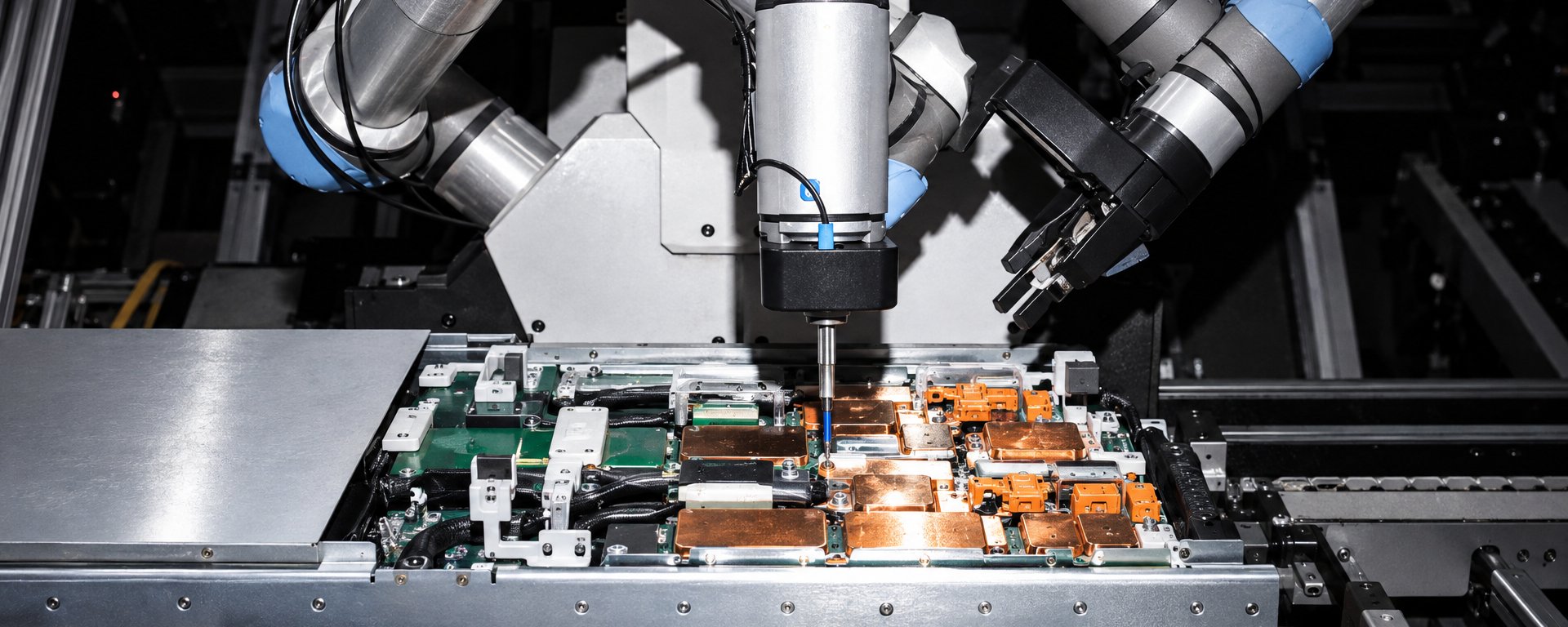 Deux bras robotiques pilotés par Skild AI assemblent un système informatique NVIDIA