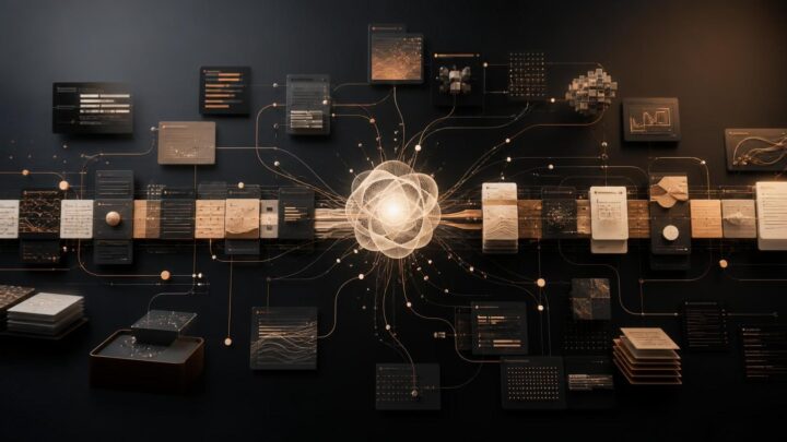 Illustration d’un agent IA reliant une longue chaîne de documents et de blocs de code