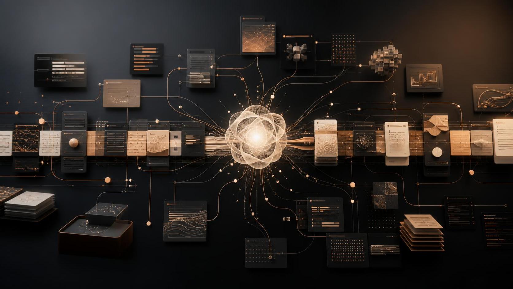 Illustration d’un agent IA reliant une longue chaîne de documents et de blocs de code
