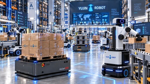 Illustration de Yujin Robot montrant une solution robotisée avec humanoïdes et robots mobiles