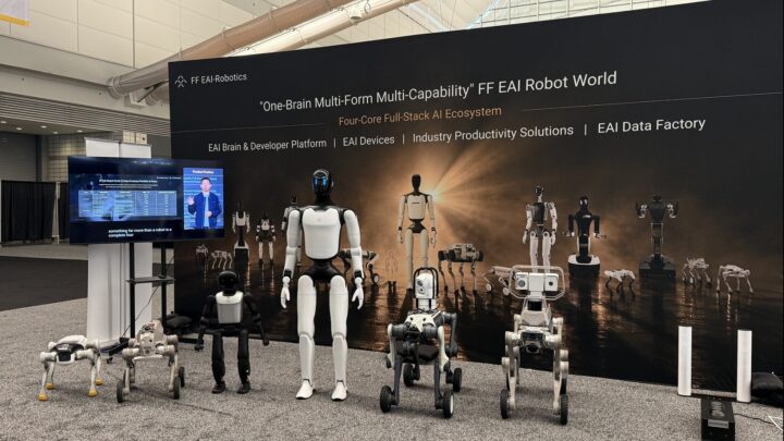 Robot mobile présenté par l’activité EAI Robotics de Faraday Future à IROS 2026