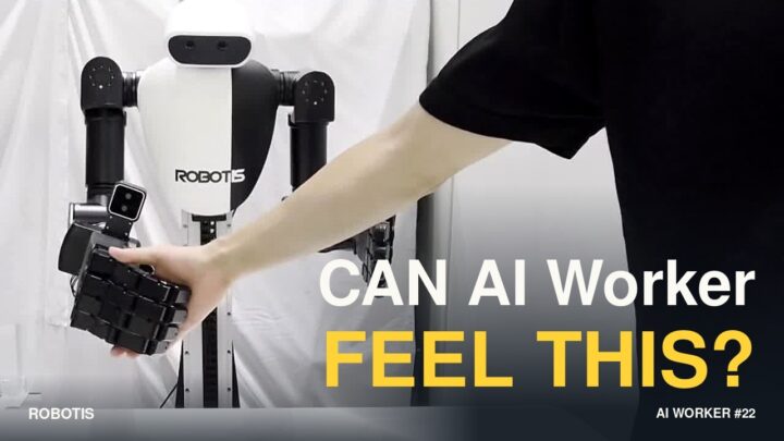 Robot AI Worker de ROBOTIS manipulant des gobelets avec ses deux mains tactiles