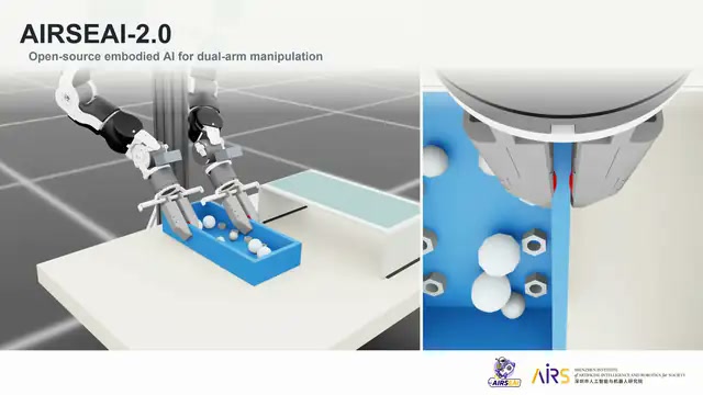 Deux bras robotiques AIRSEAI 2.0 manipulent des objets dans une scène simulée