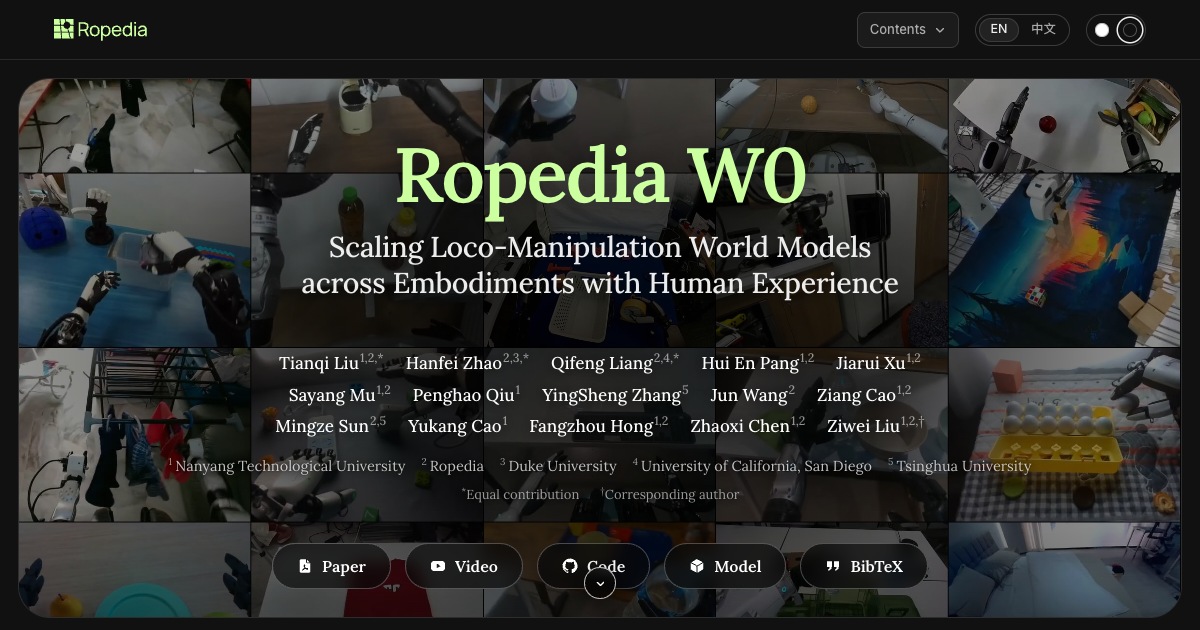 Bras robotiques et humanoïdes illustrant le modèle du monde Ropedia W0