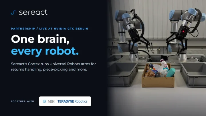 Cellule robotique Sereact équipée de deux bras collaboratifs Universal Robots pour traiter des retours