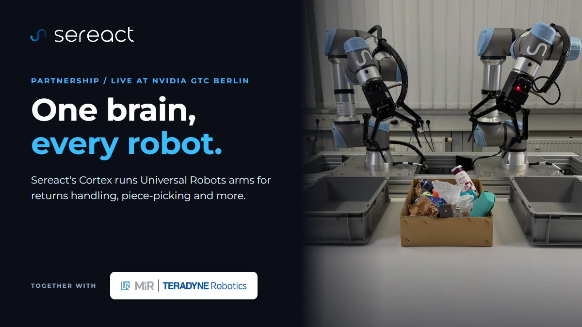 Cellule robotique Sereact équipée de deux bras collaboratifs Universal Robots pour traiter des retours