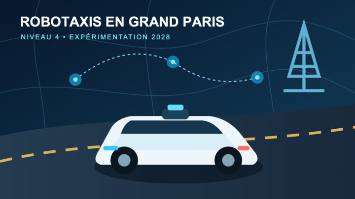 Illustration d’un robotaxi de niveau 4 circulant sur une carte stylisée du Grand Paris