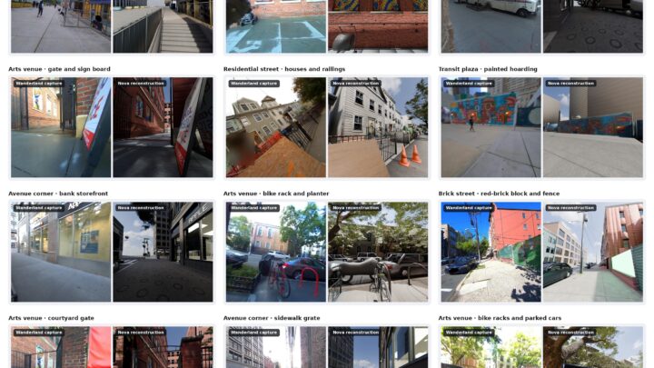 Comparaison en grille entre des captures de rues réelles et leurs reconstructions 3D pour Nova Wanderland