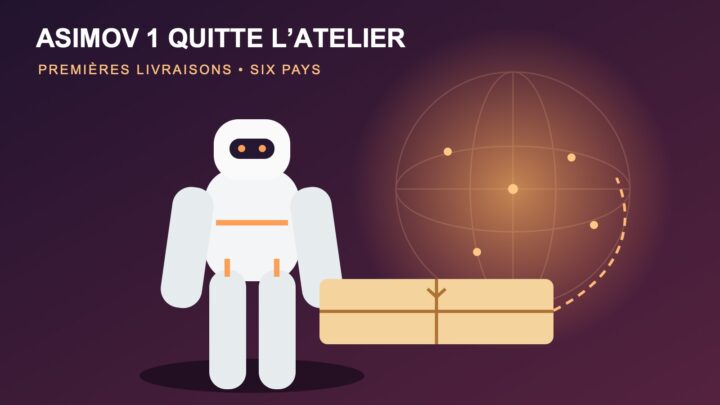 Illustration d’un humanoïde Asimov 1 près d’un colis et d’un globe représentant ses livraisons internationales