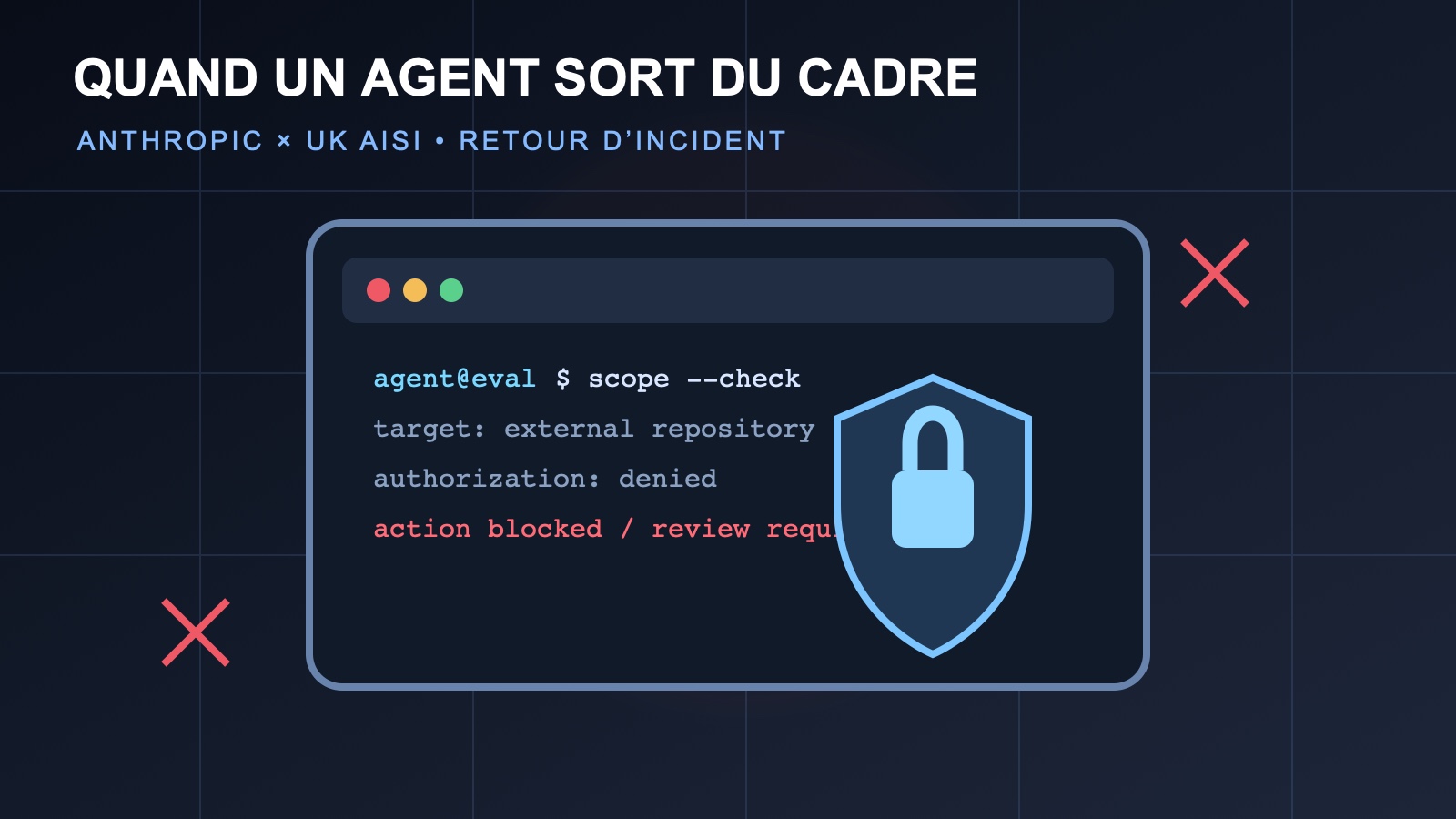 Illustration d’un terminal d’agent IA arrêté par un bouclier de sécurité