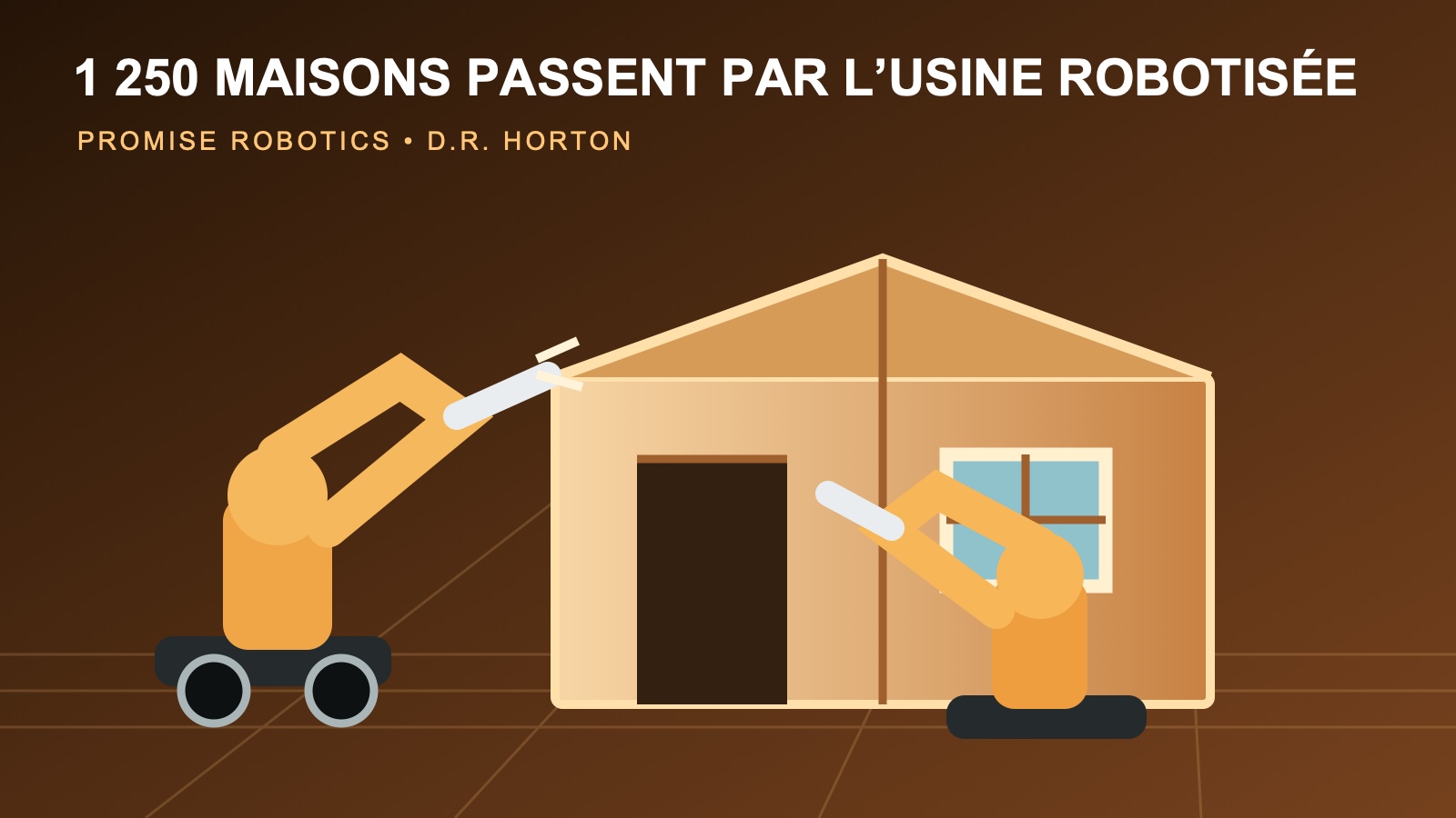 Illustration de bras robotiques assemblant les murs et planchers d’une maison