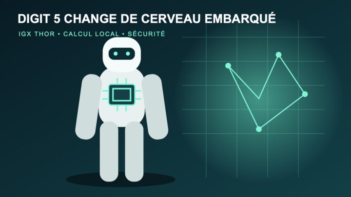 Illustration de l’humanoïde Digit 5 avec un calculateur embarqué et un réseau de sécurité