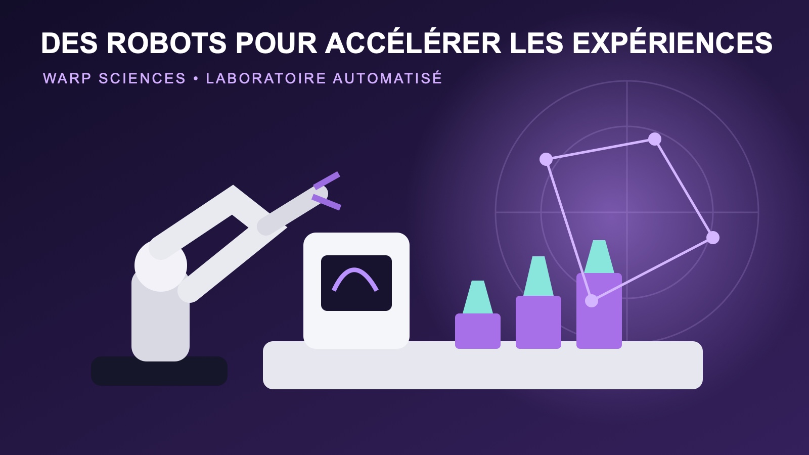 Illustration d’un bras robotique manipulant des fioles dans un laboratoire automatisé
