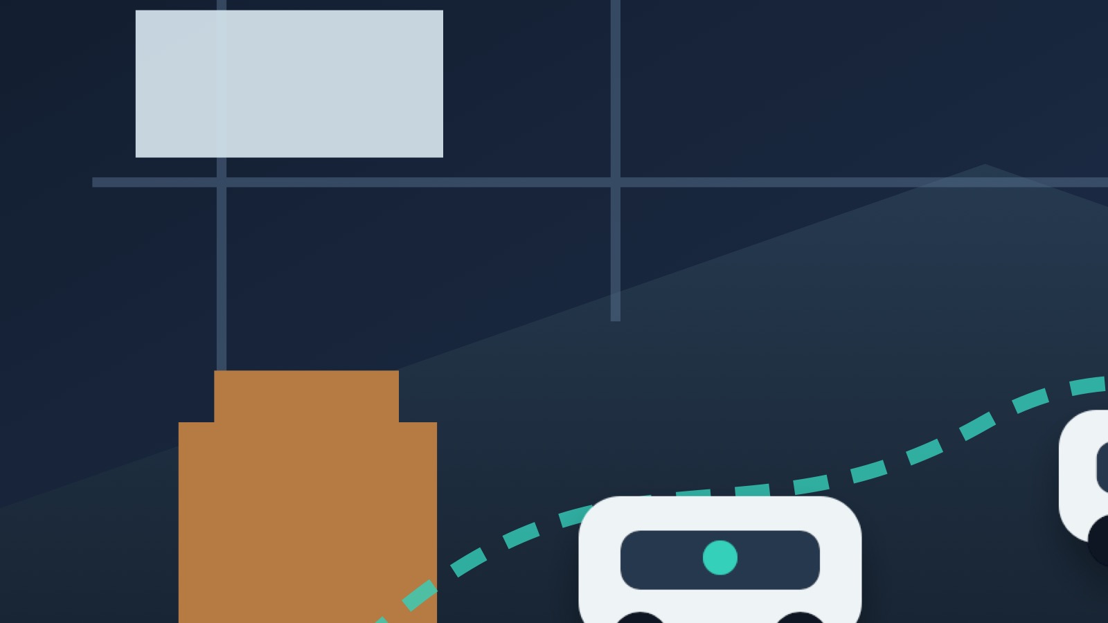 Illustration de robots mobiles autonomes circulant dans un entrepôt entre des palettes