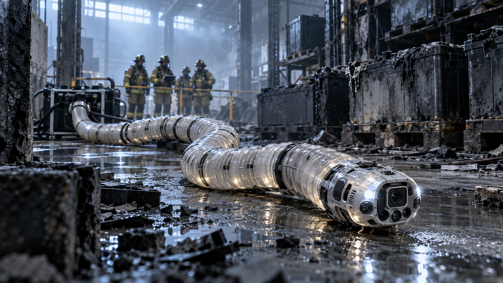 Illustration d’un robot-liane pneumatique inspectant un entrepôt de batteries après un incendie