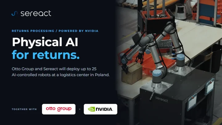 Système robotisé à deux bras Sereact manipulant des articles retournés dans un centre logistique