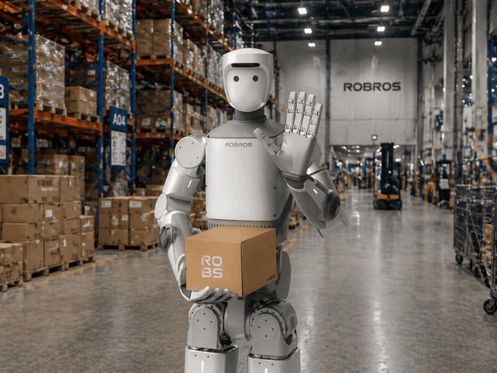 Le robot humanoïde industriel IGRIS-C de Robros debout dans un environnement sombre
