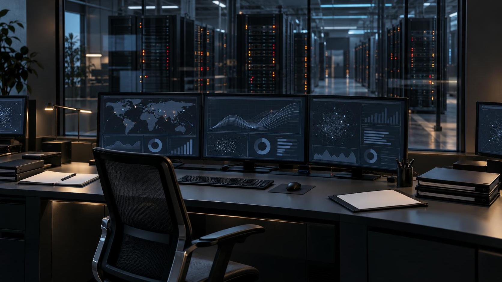 Salle de contrôle d’un laboratoire d’intelligence artificielle avec un siège laissé vide