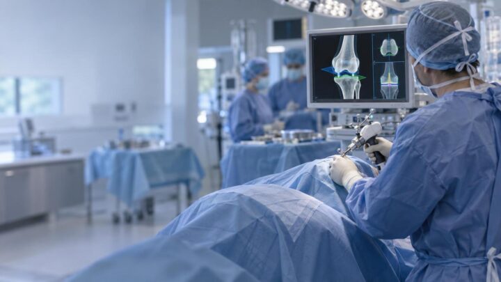 Un chirurgien orthopédiste utilise une assistance robotique portative lors d’une intervention du genou
