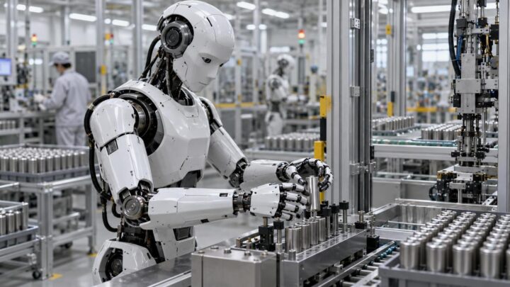 Illustration d’un robot humanoïde travaillant dans une usine de batteries