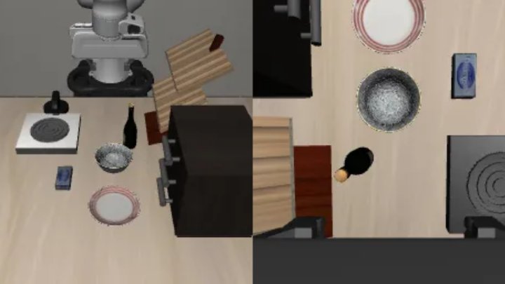 Cuisine simulée LeRobot avec bras robotique et objets à manipuler