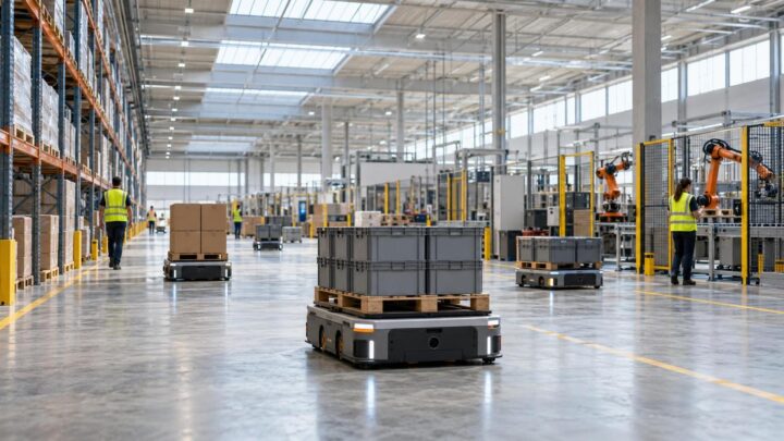 Robots mobiles autonomes transportant des marchandises dans un entrepôt logistique automatisé